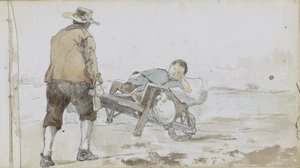 Paisaje con un hombre empujando a un niño en una carretilla