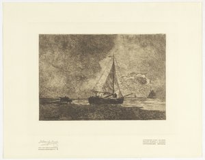 Escena de playa con barcos de vela