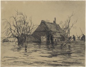 Granja inundada en Neder-Asselt (Estado federado de Maas y Waal) de Johan Hendrik van Mastenbroek