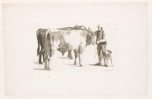 Hombre y un perro junto a dos bueyes con un yugo de Johan Jakob Biedermann