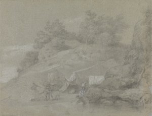 Un río junto a una orilla rocosa con figuras, posiblemente en la India de Johan Joseph Zoffany