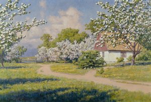 Un paisaje boscoso con una casa de campo en primavera