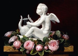 Guirnalda de rosas rosadas alrededor de Cupido tocando una lira en un borde de mármol, 1841 de Johan Laurents Jensen