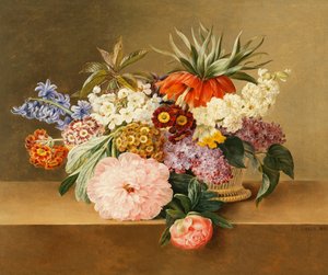 Iris, lilas, prímulas, flores y peonías en una canasta de Johan Laurents Jensen