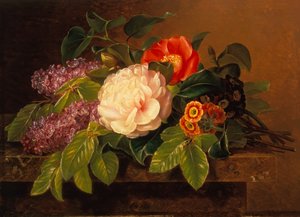 Peonías, lilas y prímulas sobre una cornisa de mármol (óleo sobre tabla)
