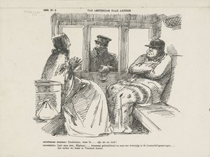 Caricatura de los numerosos accidentes en Rhijnspoorweg, 1866 De Ámsterdam a Arnhem (título sobre el objeto)