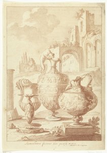Candelabro y florero seco Laomedonteae desaparecert haec pocula mensea (título sobre el objeto) Jarrón y candelabro (título de la serie) de Johan Teyler (attributed to)