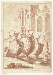 Cuatro jarrones, el cuarto roto Huc oculis, huc mente trahor (título sobre objeto) Jarrones y candelabros (título de la serie) de Johan Teyler (attributed to)