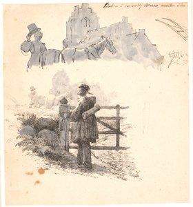 La hora del atardecer. Estudio de un campesino en la iglesia. Ilustración para "Fábulas para niños" de Kaalund. Ver comentario del catálogo de archivos.