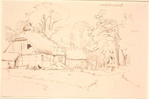 Casa de campo con un nido de cigüeña en el techo de Johan Thomas Lundbye