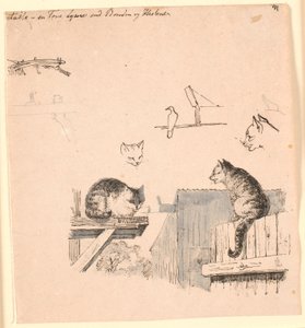 Los dos gatos. Estudios de cabezas de gatos, un pájaro, una oreja de gato y estructura de vigas. Ilustración para "Fábulas para niños" de Kaalund. Ver comentario del catálogo de archivos. de Johan Thomas Lundbye