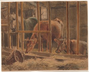 El interior de un establo con un caballo blanco y dos vacas