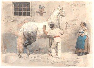 Un caballo grisáceo siendo cepillado en Via Margutta de Johan Thomas Lundbye