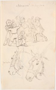 Una niña en medio de un grupo de niños peleando, dos cabezas de caballo en la parte inferior de Johan Thomas Lundbye