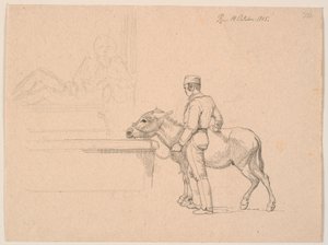 Un hombre con un burro junto a una fuente