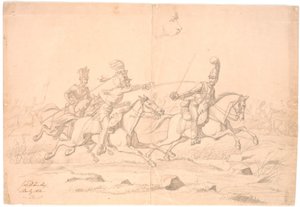 Una pelea de caballeros; arriba un estudio de una cabeza de Johan Thomas Lundbye