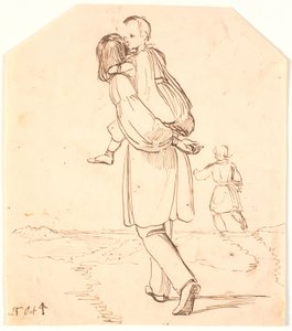 Un joven lleva a una niña pequeña a la espalda por un paisaje de Johan Thomas Lundbye