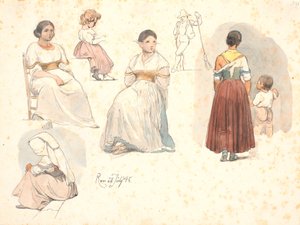 Cuatro estudios de italianas, una con un niño de la mano, y un estudio de un niño, y un estudio de un barrendero