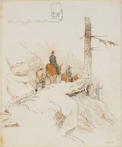 Viajeros a pie y a caballo en un sendero de montaña sobre una pequeña cabeza masculina vista de espaldas de Johan Thomas Lundbye
