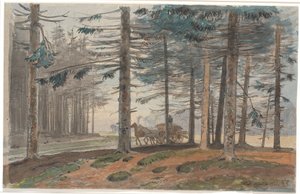 Bosque de abetos con camino, por donde pasa un carro de caballos con una carga de leña. En el fondo, un claro en el bosque de Johan Thomas Lundbye