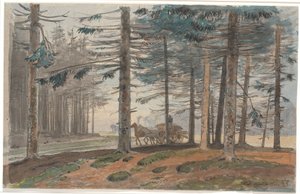 Bosque de abetos con camino, por donde pasa un carro de caballos con una carga de leña. En el fondo, un claro en el bosque de Johan Thomas Lundbye