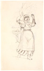 Campesina italiana con un manojo de leña en la cabeza. Estudio de un gancho que representa dos serpientes mordiéndose la cabeza de Johan Thomas Lundbye