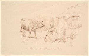¡Ven Bos! Afuera de una casa, una mujer con un niño que se extiende hacia una vaca de Johan Thomas Lundbye