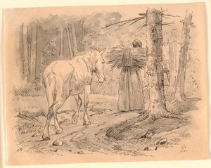 La mujer y el caballo. Ilustración de "Fábulas para niños" de Kaalund. Ver comentario del catálogo de archivos. de Johan Thomas Lundbye