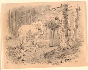 La mujer y el caballo. Ilustración de "Fábulas para niños" de Kaalund. Ver comentario del catálogo de archivos. de Johan Thomas Lundbye