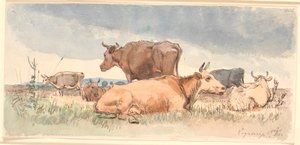 Paisaje con tres vacas acostadas y tres de pie de Johan Thomas Lundbye