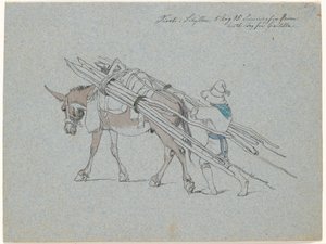 Mula cargada con troncos delgados y seguida por el conductor de Johan Thomas Lundbye