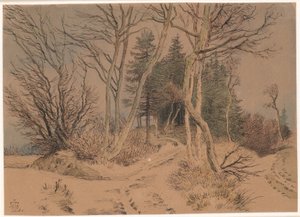 Caminos nevados entre abetos y árboles desnudos de Johan Thomas Lundbye