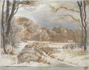 Paisaje nevado con arroyo. Purlund y Vallø de Johan Thomas Lundbye