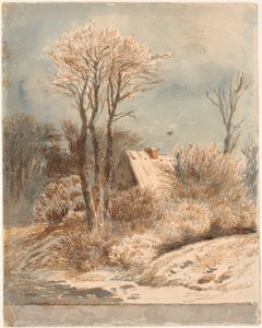 Paisaje nevado con casa entre árboles de Johan Thomas Lundbye