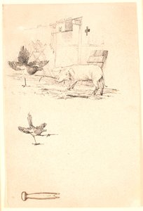 La cigüeña y el cerdo. Debajo, estudio del grajo y una herramienta. Ilustración para "Fábulas para niños" de Kaalund. Ver comentario del catálogo de archivos. de Johan Thomas Lundbye
