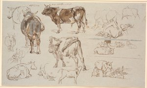 Hoja de estudio de Vognserup. Estudios de vacas, toros y terneros. A la derecha, dos estudios de paisajes, el superior con vacas acostadas, el inferior con escena de ordeño de Johan Thomas Lundbye