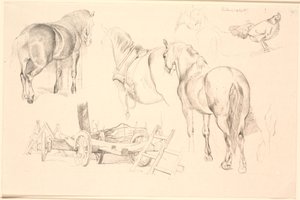 Hoja de estudio con caballos, herramientas agrícolas y una gallina en su nido de Johan Thomas Lundbye
