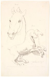 Estudios de esculturas antiguas. Arriba una cabeza de caballo, abajo un relieve con dos caballos de Johan Thomas Lundbye