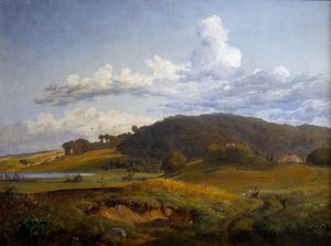 Vista desde Vinderød hacia Høbjerg cerca de Frederiksværk, con la casa de los padres de J. Th. Lundbye de Johan Thomas Lundbye