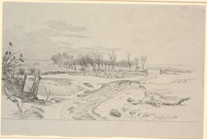 Paisaje invernal con un camino que serpentea a través de los campos y un muro de piedra de Johan Thomas Lundbye