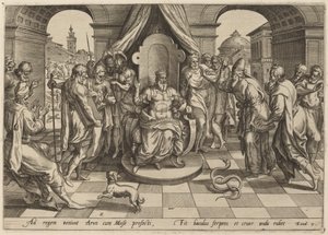 Moisés y Aarón ante el faraón de Johan Wierix, after Maarten van Cleef