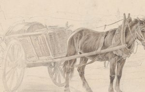 Un carro tirado por un caballo marrón cerca de un poste de lámpara, Verso: Un grupo de oficiales montados de Johann Adam Klein