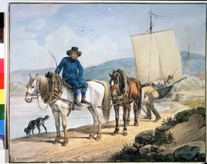 "" Un caballo y un carro en el río "". Caballos a lo largo de un río remolcando un bote o utilizados para descargar mercancías en un camino de sirga". Pintura de Johann Adam Klein (1792-1875) de Johann Adam Klein