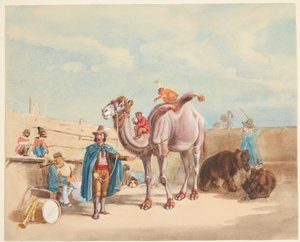 Un domador de animales con camello, monos, osos, etc.