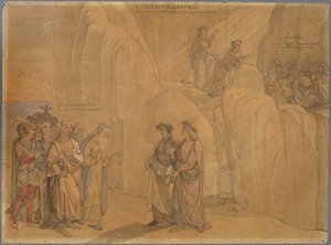 Dante trifft Manfred, den ehemaligen König von Apulien und Sizilien, an einer Felswand, der sich ihm zu erkennen gibt und Verschiedenes mitteilt; oben auf dem Felsen sehen sie die kirchlich Verbannten Buße tun de Johann Anton Ramboux
