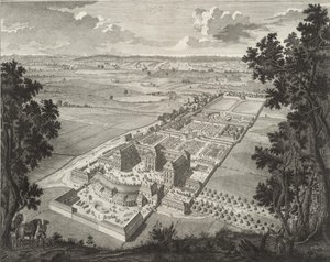 Perspectiva aérea de la Menagerie en el Castillo Weißenstein en Pommersfelden de Johann August Corvinus