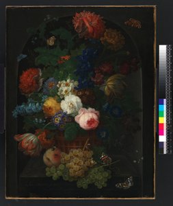 Una cesta de flores con frutas de Johann Baptist Drechsler