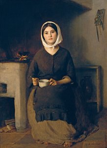 Mujer sentada en una cocina campesina