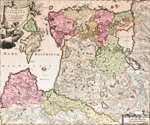 El Mar Báltico De: Baltikum Ducatuum Livoniae et Curlandiae cum vicinis Insulis Nova Exhibitio Geographica, ca 1720 de Johann Baptista Homann
