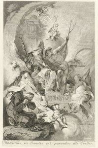 Het Christuskind als Salvator Mundi met verscheidene heiligen en paus Clemens XIII El más grande entre los santos es ese niño (título sobre objeto) de Johann Beheim